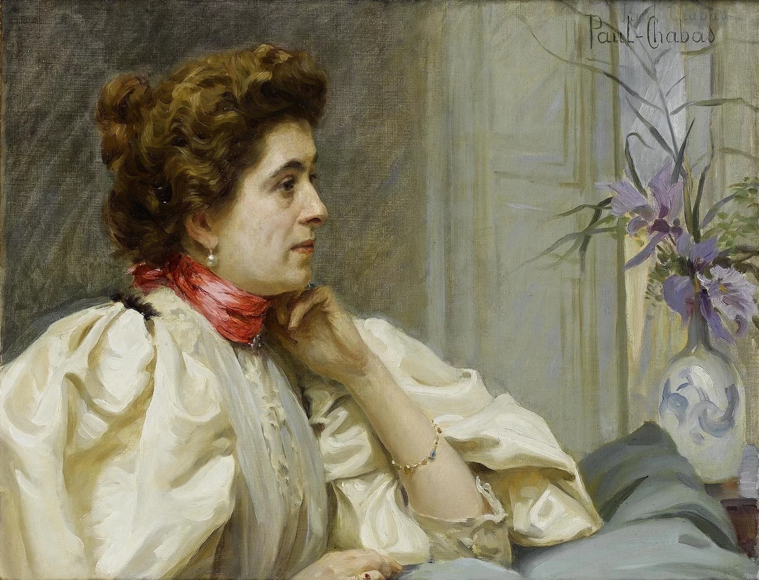 Paul Émile Chabas - Ritratto di una signora con una sciarpa rossa